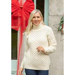 Aran Crafts Merino Wool Cable-Knit Turtleneck Sweater Ivory M VTG Cottagecore